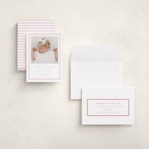 This is a petal grand birth announcements with standard by Emily Betts called sweetest scallop printing on recycled smooth signature in grand
