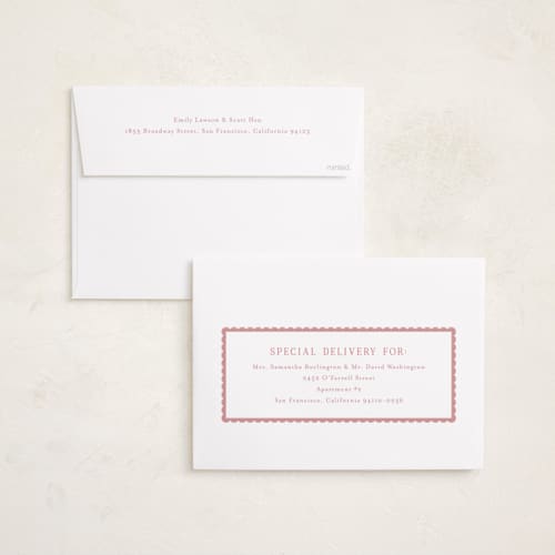 This is a petal grand birth announcements with standard by Emily Betts called sweetest scallop printing on recycled smooth signature in grand