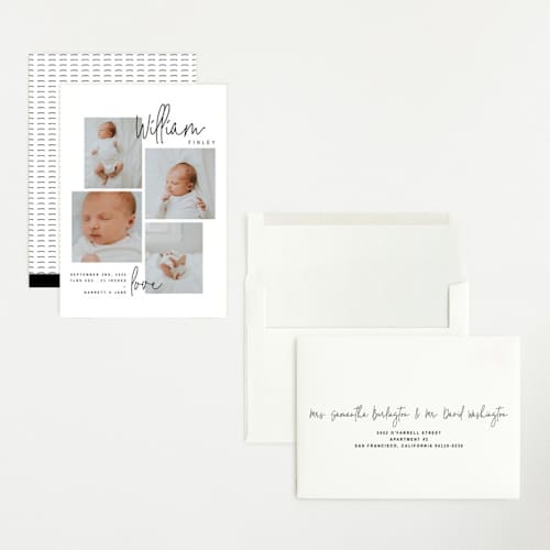 This is a onyx grand birth announcements with standard by Lindsay Stetson Thompson called overjoyed script printing on recycled smooth signature in grand