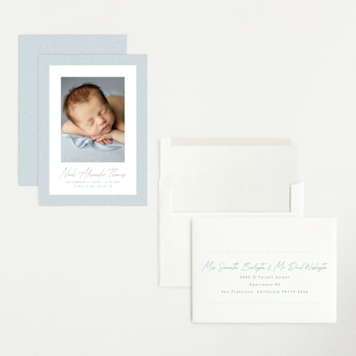 This is a sky grand birth announcements with standard by Lea Delaveris called corduroy printing on recycled smooth signature in grand