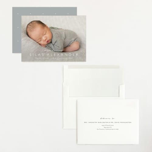 This is a cloud grand birth announcements with standard by Carolyn MacLaren called baby bliss printing on recycled smooth signature in grand