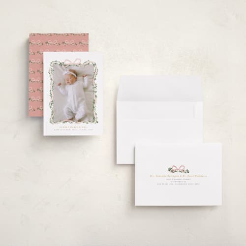 This is a blush grand birth announcements with standard by Itsy Belle Studio called ribbonly frame printing on recycled smooth signature in grand