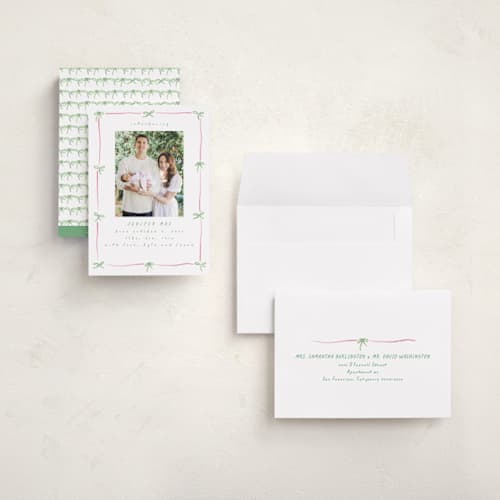 This is a candy grand birth announcements with standard by Susan Zinader called preppy bow border printing on recycled smooth signature in grand