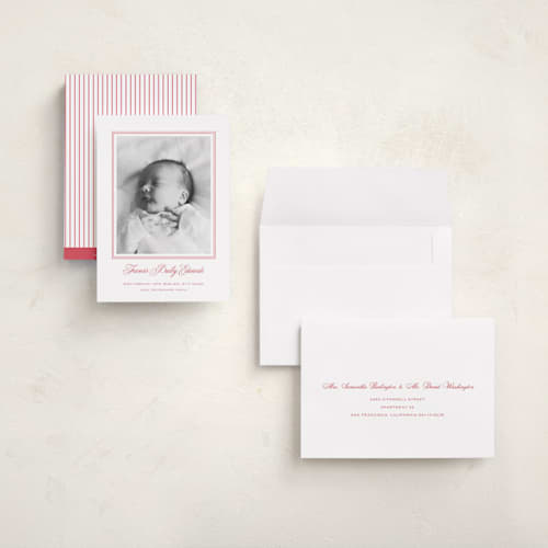 This is a strawberry grand birth announcements with standard by Carolyn MacLaren called preppy cloud printing on recycled smooth signature in grand