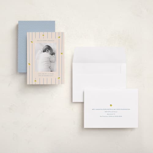 This is a carribean grand birth announcements with standard by Carolyn MacLaren called lemon stripes printing on recycled smooth signature in grand