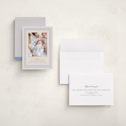 This is a cornflower grand birth announcements with standard by Erica Krystek called petite pinstripe printing on recycled smooth signature in grand