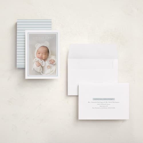 This is a soft sky grand birth announcements with standard by Olivia Raufman called tailored frame printing on recycled smooth signature in grand