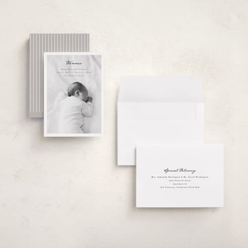 This is a noir grand birth announcements with standard by Emily Sabol Goss called simplicity printing on recycled smooth signature in grand