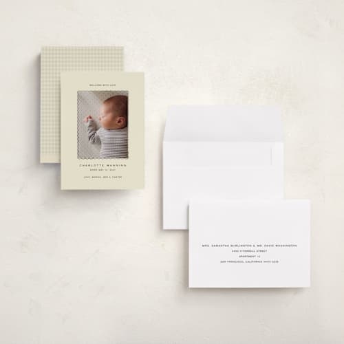 This is a buttercream grand birth announcements with standard by Ani Somi called petal frame printing on recycled smooth signature in grand