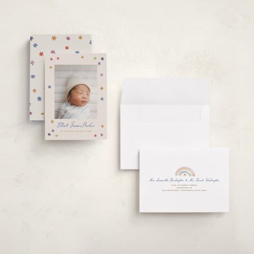 This is a rainbow grand birth announcements with standard by Maja Cunningham called starlight printing on recycled smooth signature in grand
