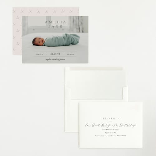 This is a fog grand birth announcements with standard by Sara Hicks Malone called vintage printing on recycled smooth signature in grand