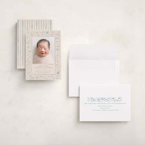 This is a bluebird grand birth announcements with standard by Creo Study called iconic bebe printing on recycled smooth signature in grand