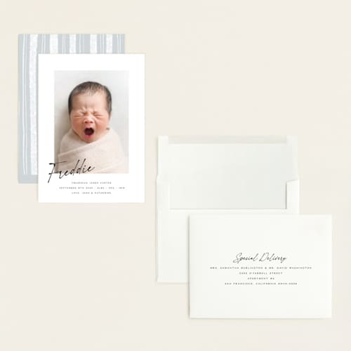 This is a dove grand birth announcements with standard by Paula Pecevich called nickname printing on recycled smooth signature in grand