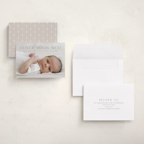 This is a fog grand birth announcements with standard by Julia Hall called our hearts printing on recycled smooth signature in grand