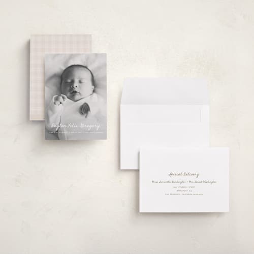This is a milk grand birth announcements with standard by chocomocacino called cassatina printing on recycled smooth signature in grand