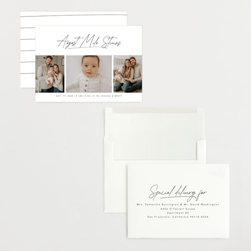 This is a cloud grand birth announcements with standard by Lea Delaveris called me times three printing on recycled smooth signature in grand