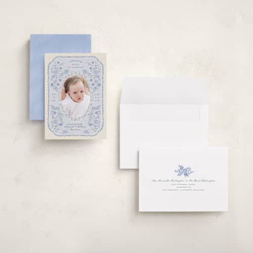 This is a delft grand birth announcements with standard by Grae called porcelain and lace printing on recycled smooth signature in grand