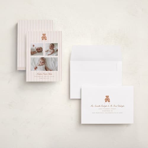 This is a pinky grand birth announcements with standard by Erin German called teddy bear stripes printing on recycled smooth signature in grand