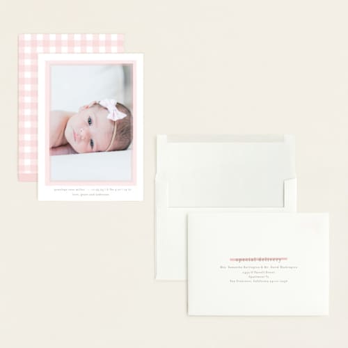 This is a blush grand birth announcements with standard by Lauren Chism called cotton candy printing on recycled smooth signature in grand