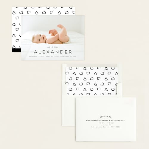 This is a night grand birth announcements with standard by MC Designs called welcome our baby printing on recycled smooth signature in grand