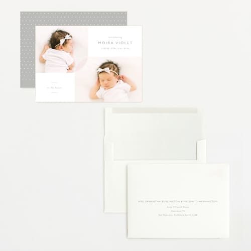 This is a stone grand birth announcements with standard by Carolyn MacLaren called curved duo printing on recycled smooth signature in grand
