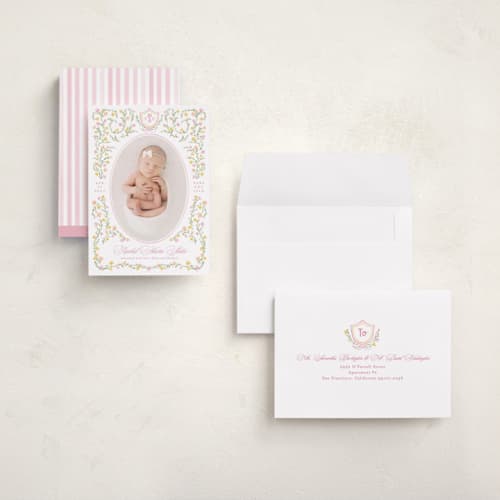 This is a cotton candy grand birth announcements with standard by Creo Study called cottagecore printing on recycled smooth signature in grand