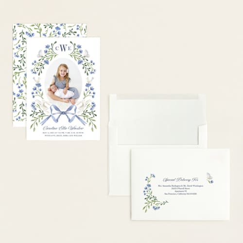 This is a bluebell grand birth announcements with standard by Alice Nelen called floral forest friends printing on recycled smooth signature in grand