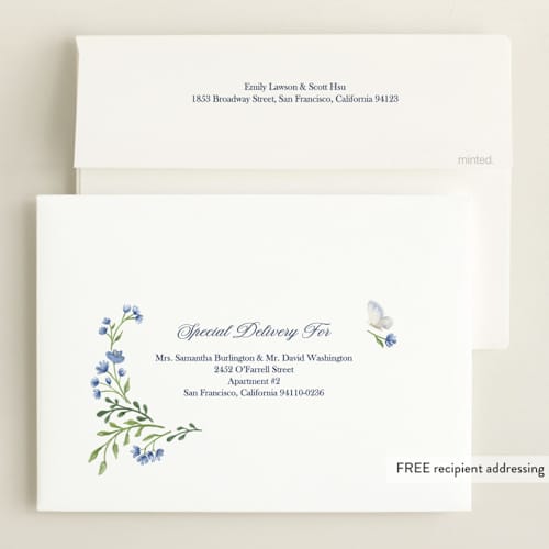 This is a bluebell grand birth announcements with standard by Alice Nelen called floral forest friends printing on recycled smooth signature in grand