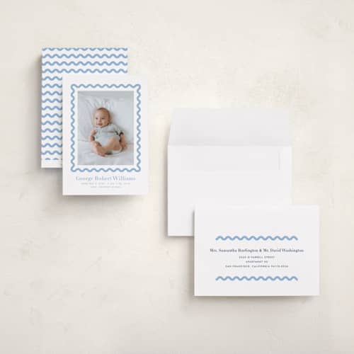 This is a bluebell grand birth announcements with standard by Megan Davis called ric rac printing on recycled smooth signature in grand