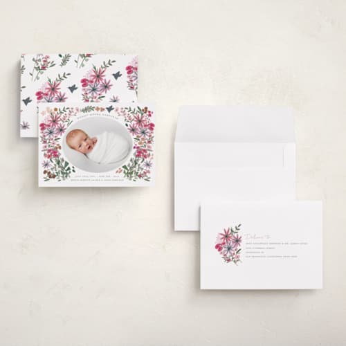 This is a rose grand birth announcements with foil pressed by Morgan Ramberg called blossom baby printing on recycled smooth signature in grand