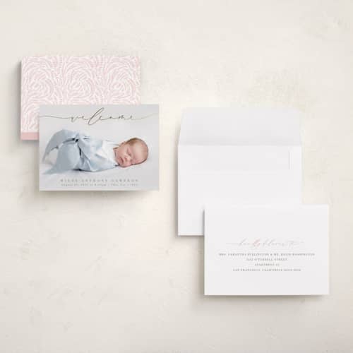 This is a fawn grand birth announcements with foil pressed by Olivia Raufman called blissful welcome printing on recycled smooth signature in grand