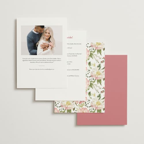 This is a peony bridal shower invitations with foil pressed by Susan Moyal called timeless blooms printing on signature in standard
