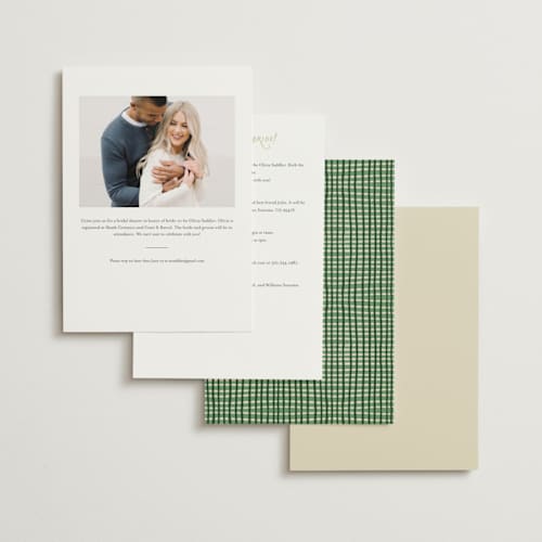 This is a sugar bridal shower invitations with foil pressed by Leah Bisch called flowers and ribbon printing on signature in standard