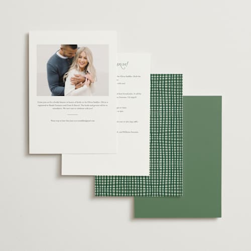 This is a frost bridal shower invitations with foil pressed by Leah Bisch called flowers and ribbon printing on signature in standard