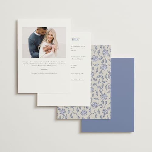 This is a evening periwinkle bridal shower invitations with foil pressed by Grae called dancing in the garden printing on signature in standard