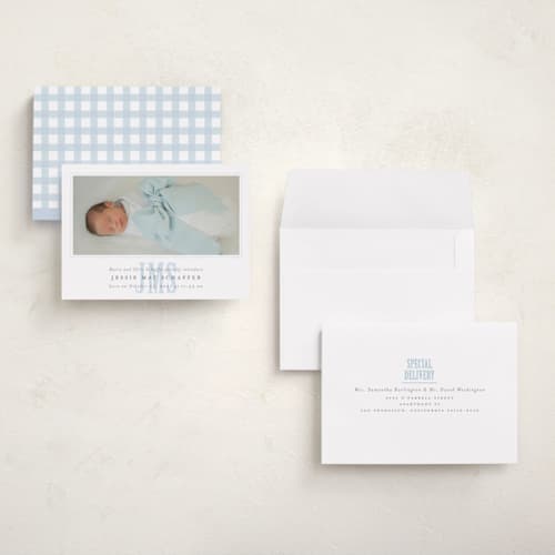 This is a sky petite birth announcements with standard by Erin Hodges called classic monogram printing on recycled smooth signature in petite