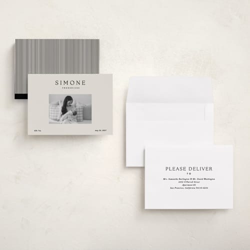 This is a noir petite birth announcements with standard by Jackie Crawford called simone printing on signature in petite