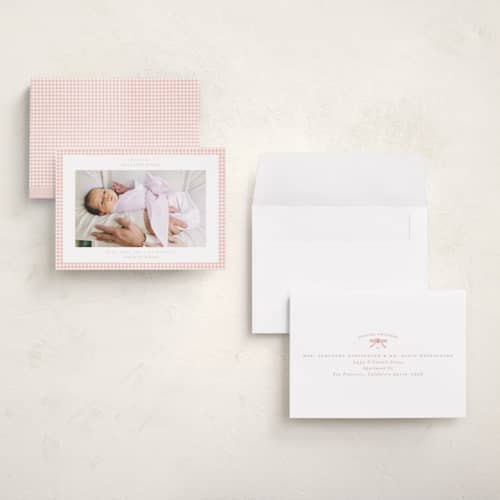 This is a blush petite birth announcements with standard by Claudia Orengo called preppy fabric printing on signature in petite