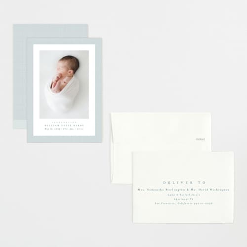 This is a powder petite birth announcements with standard by Lea Delaveris called linen frame printing on recycled smooth signature in petite