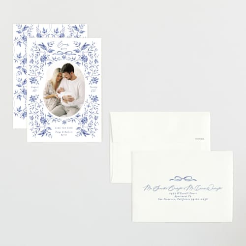 This is a bluebird petite birth announcements with standard by Susan Zinader called daisy toile printing on signature in petite