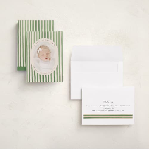 This is a candy apple petite birth announcements with standard by Teju Reval called vintage stripes printing on signature in petite