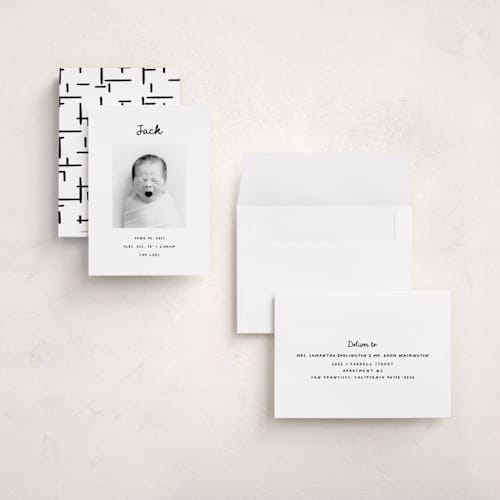 This is a snow petite birth announcements with standard by AK Graphics called cursive printing on signature in petite