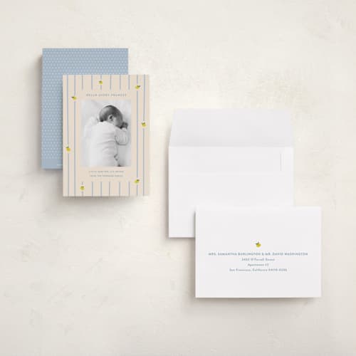 This is a carribean petite birth announcements with standard by Carolyn MacLaren called lemon stripes printing on signature in petite