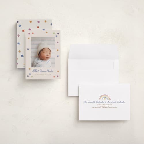 This is a rainbow petite birth announcements with standard by Maja Cunningham called starlight printing on signature in petite
