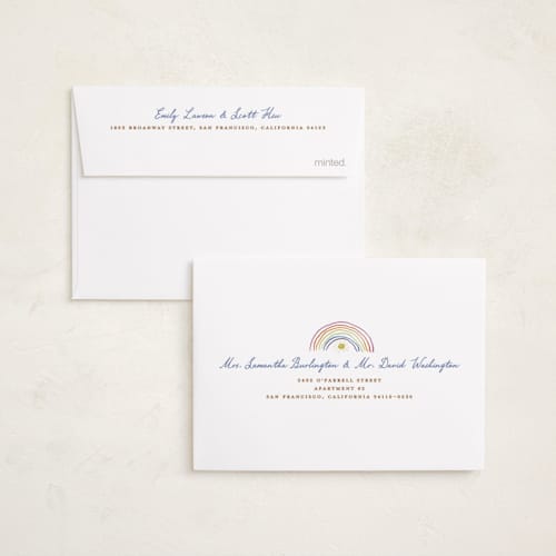 This is a rainbow petite birth announcements with standard by Maja Cunningham called starlight printing on signature in petite