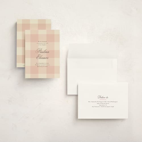 This is a blush petite birth announcements with standard by Ellen Schlegelmilch called sweet gingham printing on signature in petite