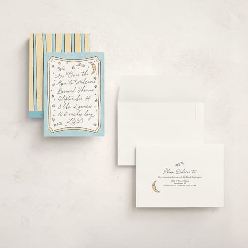 This is a sky petite birth announcements with standard by Ashlee Townsend called over the moon and back printing on signature in petite