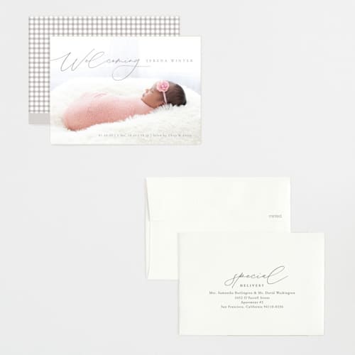 This is a gravel petite birth announcements with standard by Olivia Raufman called delightful welcome printing on signature in petite