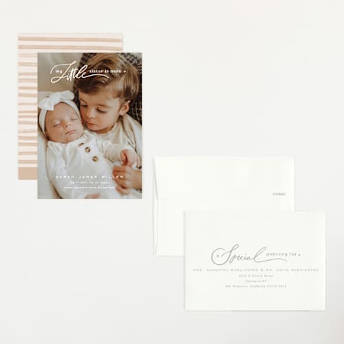 This is a cotton petite birth announcements with standard by Creo Study called sibling intro printing on signature in petite
