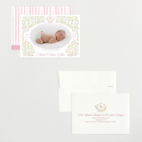 This is a cotton candy petite birth announcements with standard by Creo Study called cottagecore printing on signature in petite